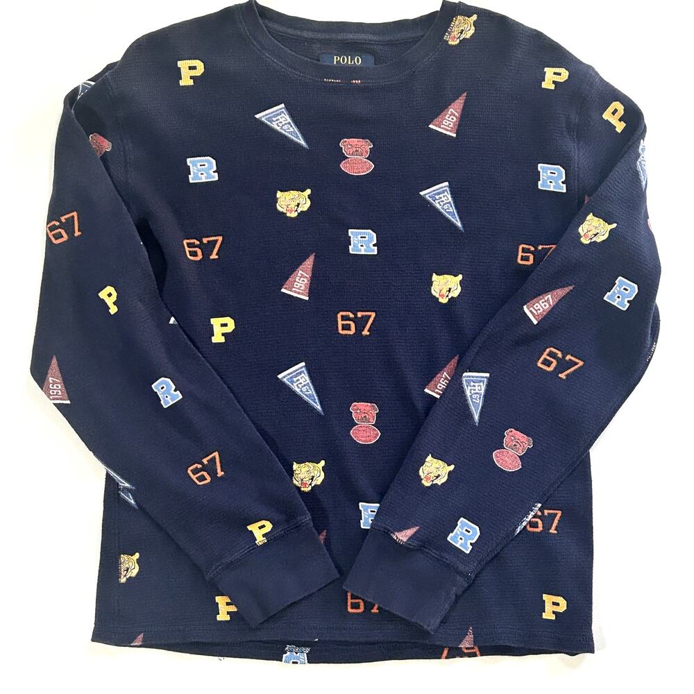 Varsity Graphic Waffle-Knit Soft Cozy Lounge Shirt Polo Ralph Lauren Navy Medium